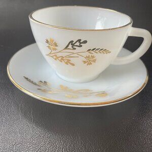 Vintage 60s Federal Glass Milk glass Golden Glory Pattern Cup & Saucer Set